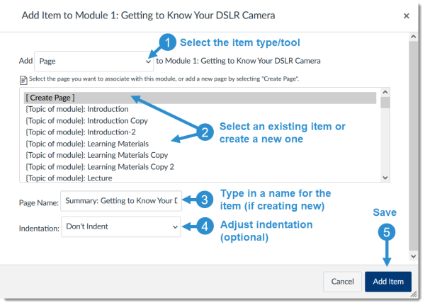 Add Item to Module dialog box