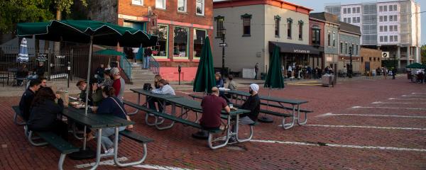 A photo of outdoor seating for restaurants in downtown Kent.