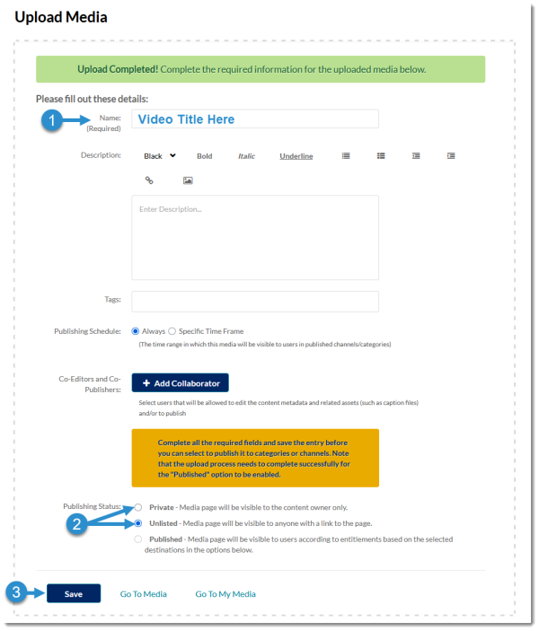 Kaltura Upload Media page: Video details and settings