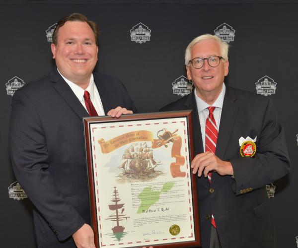 Matthew Riehl, '06, being inducted into the Association of Ohio Commodores 
