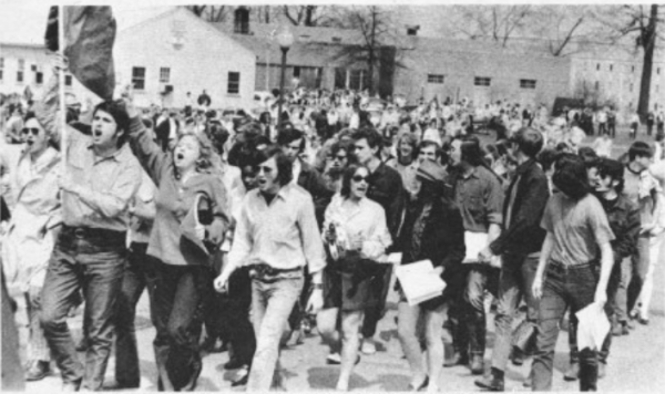An on-campus protest led by the Students for Democratic Society in April 1969.