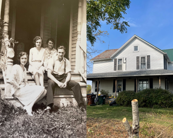 Wind Whistle farmhouse, photographed in 1907 (left) and 2025 (right). The earlier image, taken by Julia Ryan’s great-grandfather Frank Milo Beattie, shows generations of her family on the porch of the home built by her great-great-grandfather Stewart McConnell—land she is now restoring while preserving its history for future generations.