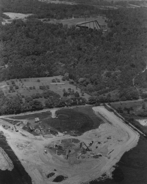 A black and white photo showing construction of Porthouse Theatre on the grounds of Blossom Music Center.