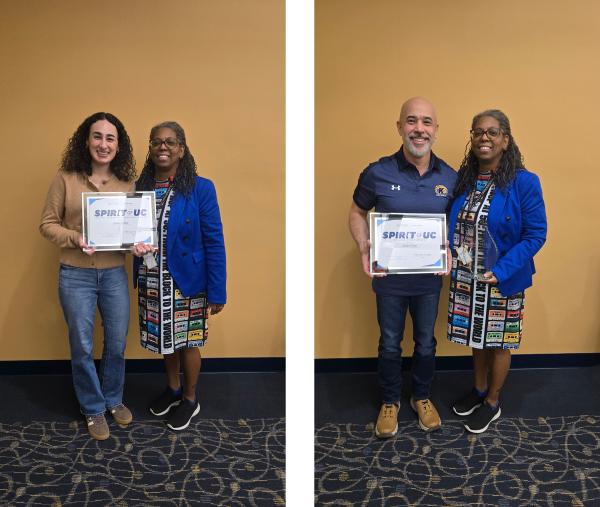 Two seperate images. One with Justin Chan standing with University College Dean Dr. Liz Piatt and holdng his award certificate. The second image is similar but of Dana Cohen with Dr. Piatt.