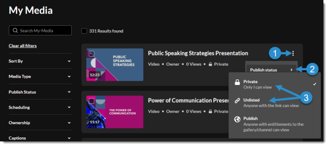 Kaltura My Media page: Change Publish Status for single video