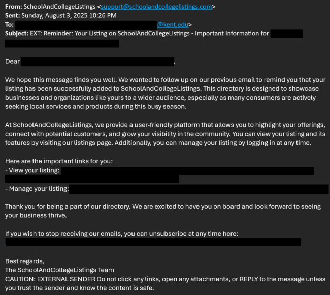Spam email from schoolandcollegelistings.com with personal information and links redacted.