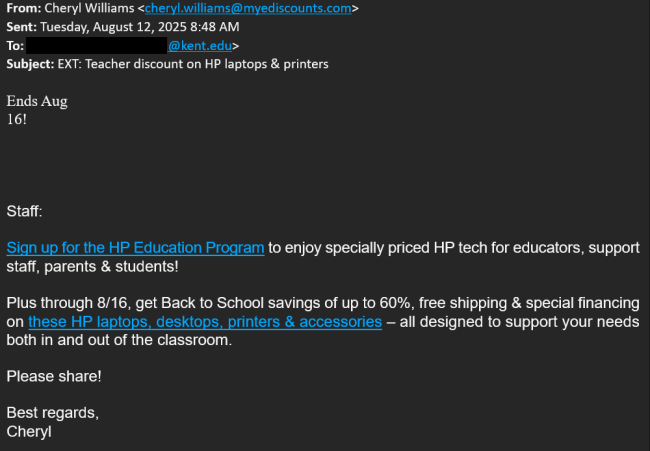 Spam email from myediscounts.com with personal information redacted.
