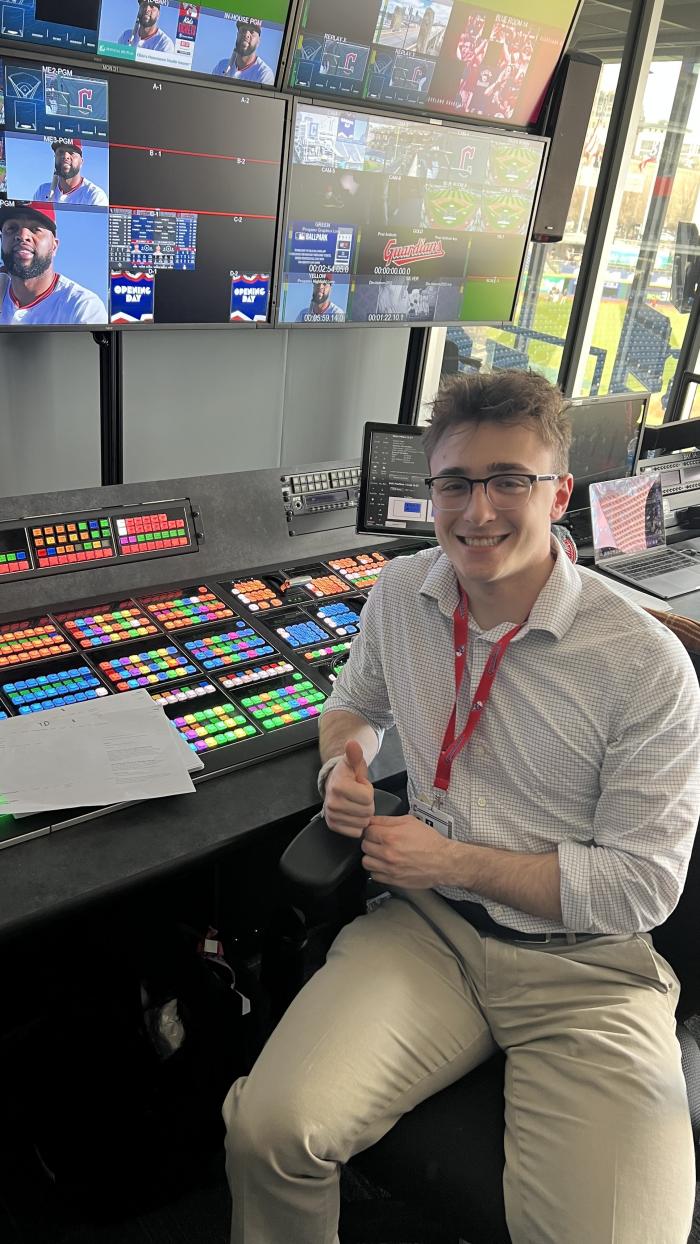 Monte at the control board at Progressive Field.