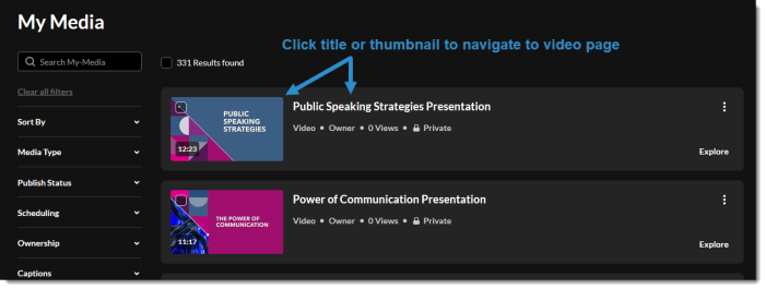 Kaltura My Media page: Click on video