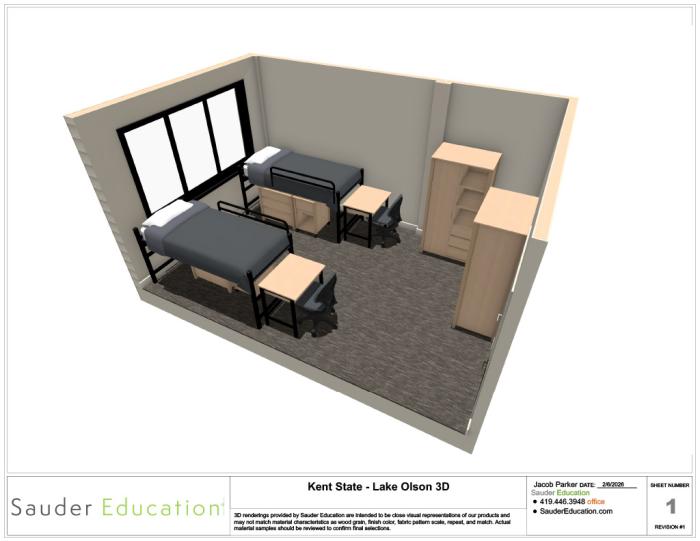 3D model of a typical room in Olson and Lake Halls, featuring two junior-lofted metal beds, two desks with chairs, and two dressors