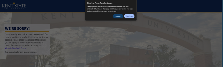 Screenshot of the "We're Sorry" error page with a prompt to resubmit the form.