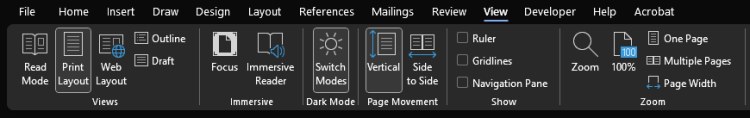 The View menu options in Microsoft Word, including Zoom, Page Layout, and Dark Mode