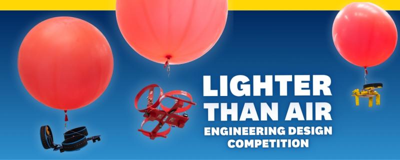 Lighter Than Air Engineering Design Competition with photos of actual student designs hanging from red balloons