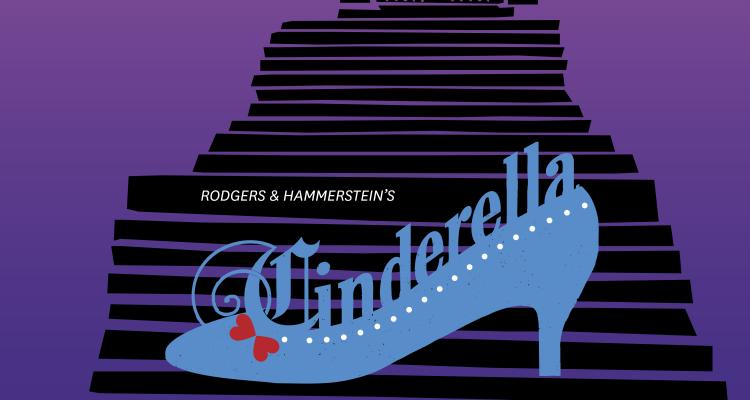 Rodgers & Hammerstiens Cinderella written across a blue glass shoe sitting on stairs
