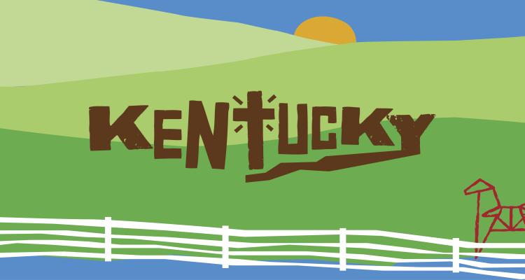 "Kentucky" written across green hills and a white picket fence.