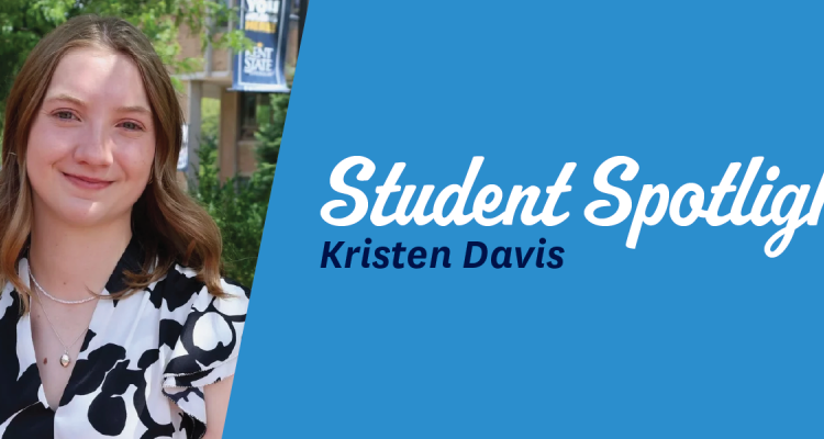 Woman with blonde straight hair in blouse pictured next to "student spotlight" logo