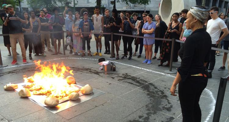 People gathered around a fire