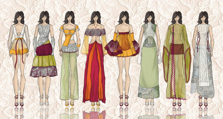 Illustrated models lined up wearing Morgans designs.