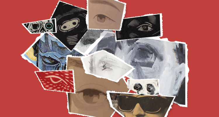 A paper collage of illustrated eyes on a red background. 