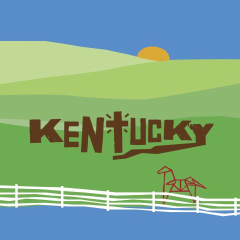 "Kentucky" written across green hills and a white picket fence.