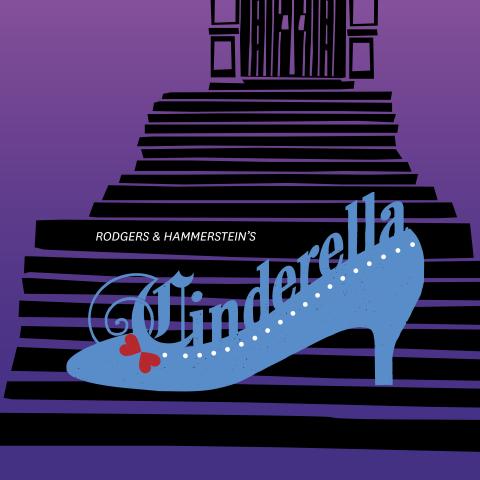 Rodgers & Hammerstiens Cinderella written across a blue glass shoe sitting on stairs