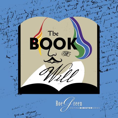 The Book of Will Spelled out over an open book page with Shakespeare's likeness