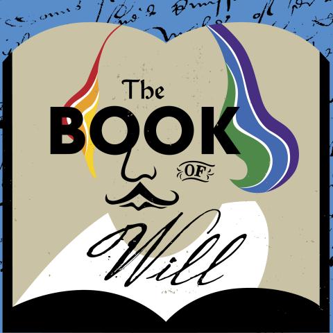 The Book of Will Spelled out over an open book page with Shakespeare's likeness
