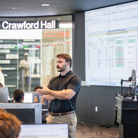 Financial class in Archer Trading Lab inside Crawford Hall.