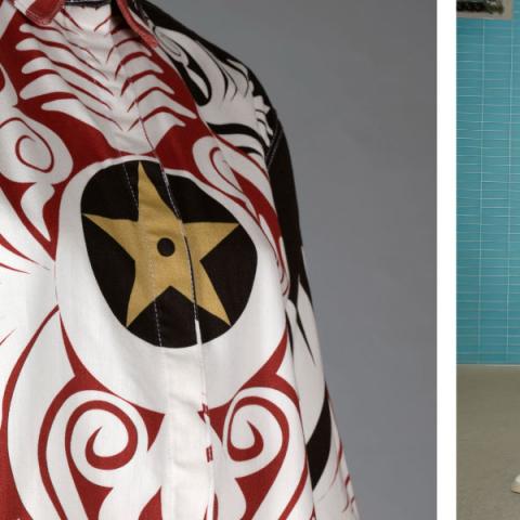 Left: Close-up of red, black and white garment. Right: Two models wearing garments