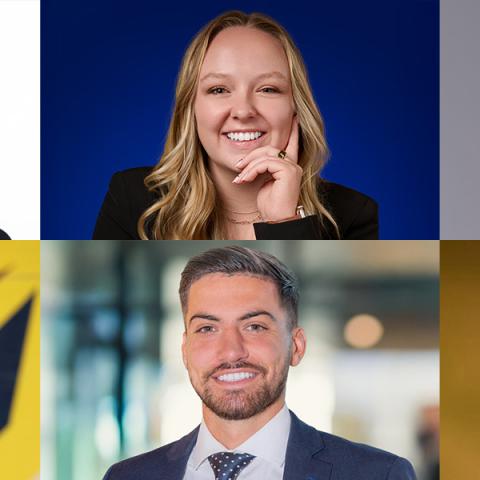 A collage of photos of Aysia Kemp, ’20, Olivia Morrison, ’20, Jake Myers, ’19, Brad Rinella, ’18, Allison Sayre, ’21 and Kiernan Weese, ’19, MBA ’21.