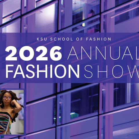 Fashion models in squares overlaying purple building background with fashion show logo