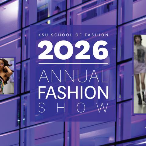 Fashion models in squares overlaying purple building background with fashion show logo