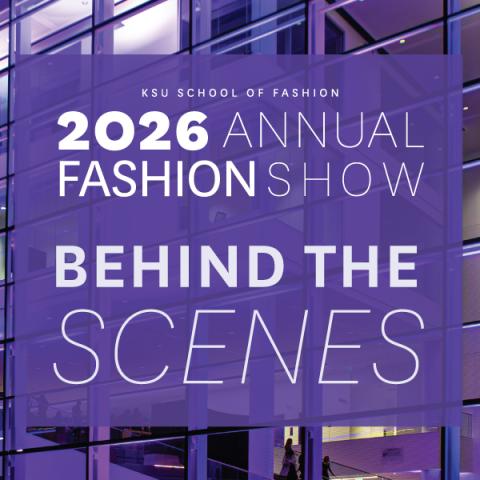 2026 Annual fashion show logo and Behind the Scenes logos over top a purple background