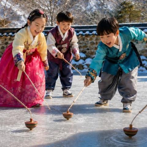 Chidren playing with spinning tops