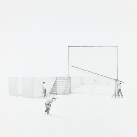 Black and white artwork depicting two figures building a structure