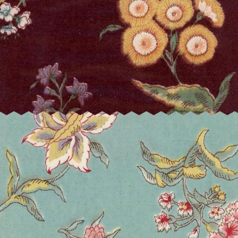 A group of four fabric swatches with floral designs. Colors are soft and muted tones of white, pinks, burgundy and turquoise.