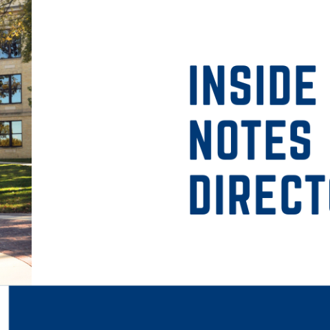 Large "star sphere" sculpture on campus lawn with academic building and trees behind it. Graphic text reads, “Inside MDJ: Notes from the Director’s Desk.”