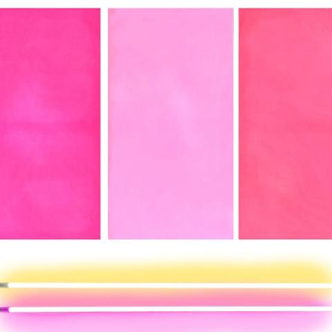 A vibrant painting with textured pink rectangles and two bars of neon lights set below it.