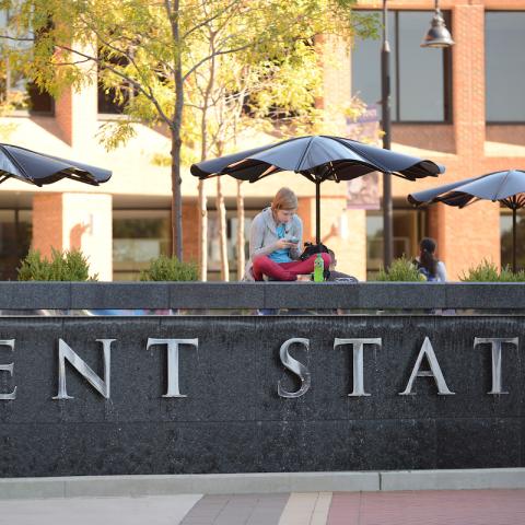 A Kent State student sits on top of the fountain on Risman Plaza while using her phone. A Kent State student sits on top of the fountain on Risman Plaza while using her phone.