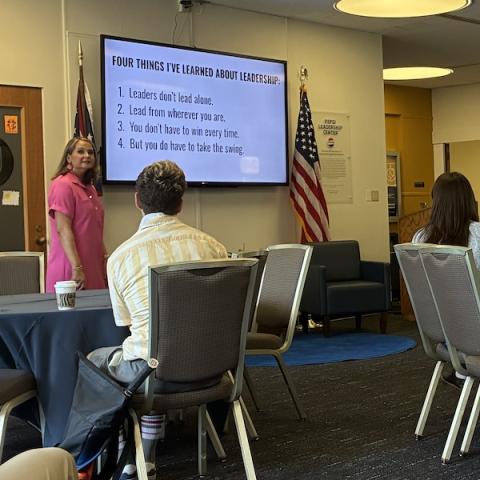 Sarah Spinner, Ph.D., J.D., speaks at fall Leaders Lunch Club.