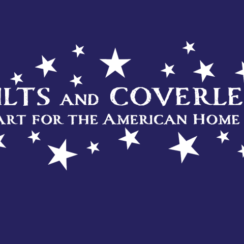 Blue background with white starts and type that reads "Quilts and Coverlets"