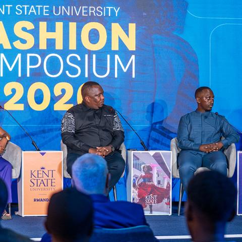 A panel discussion at the ���Ĵ�ý Fashion Symposium 2026 includes (from left to right) Brenda Tatenda Masocha, expert trainer in the Creative Arts Department at Rwanda Polytechnic-Kigali College; Alphonse Kwizera, “Made in Rwanda” business analyst at Rwanda’s Ministry of Trade and Industry; Matthew “Tayo” Rugamba, founder and creative director of House of Tayo; and Cynthia Butare, founder and creative director of IMIGANI. (Photo courtesy of Cornwine for ���Ĵ�ý)
