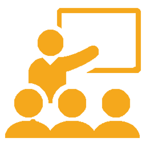 Clipart of a person pointing at a board in front of three other people.