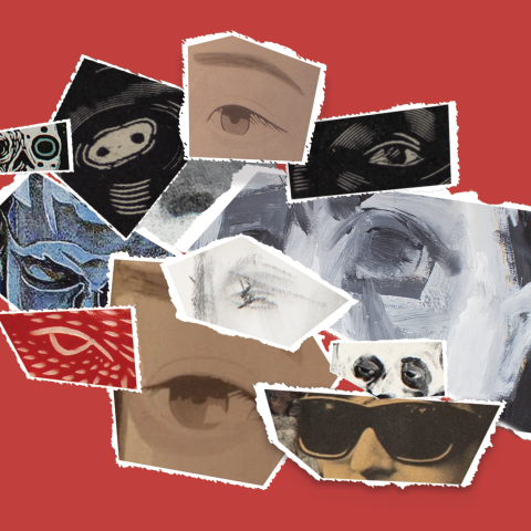 A paper collage of illustrated eyes on a red background.