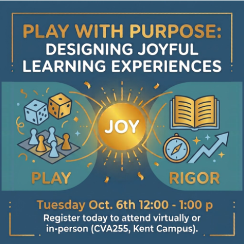 play with purpose:  designing joyful learning experiences on tuesday october 6th from 12-1:00.  register today to attend virtually or in-person in cva255 on the kent campus.  play is opposite of rigor with joy at the center