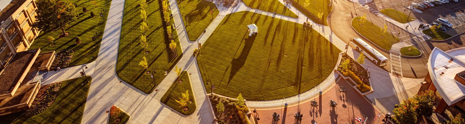 An aerial photo of Kent State's campus during sunrise.
