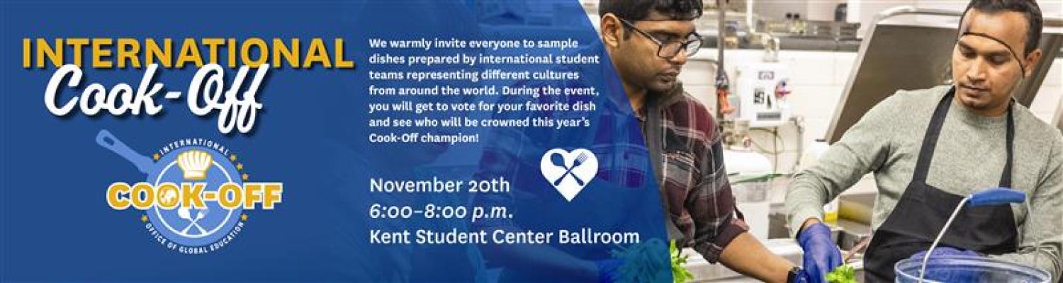 A banner on the to[ of the page explaining the details of the International Cook Off. The image shows two students cooking in a kitchen. 