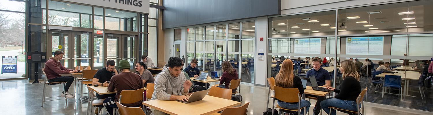 Interior of the Timkin Atrium inside the Aeronautics and Engineering building.