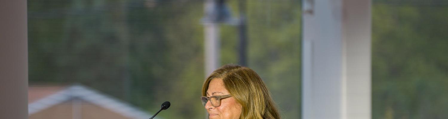 Fern Mallis stands at a podium speaking into a microphone. She wears a light grey flowing shirt and glasses