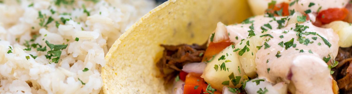 Taco with rice and black beans and corn